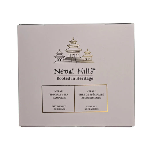 Nepal Hills Tea Sampler Kit — 10 single-origin Himalayan teas from four Nepal farms, flat-lay packaging