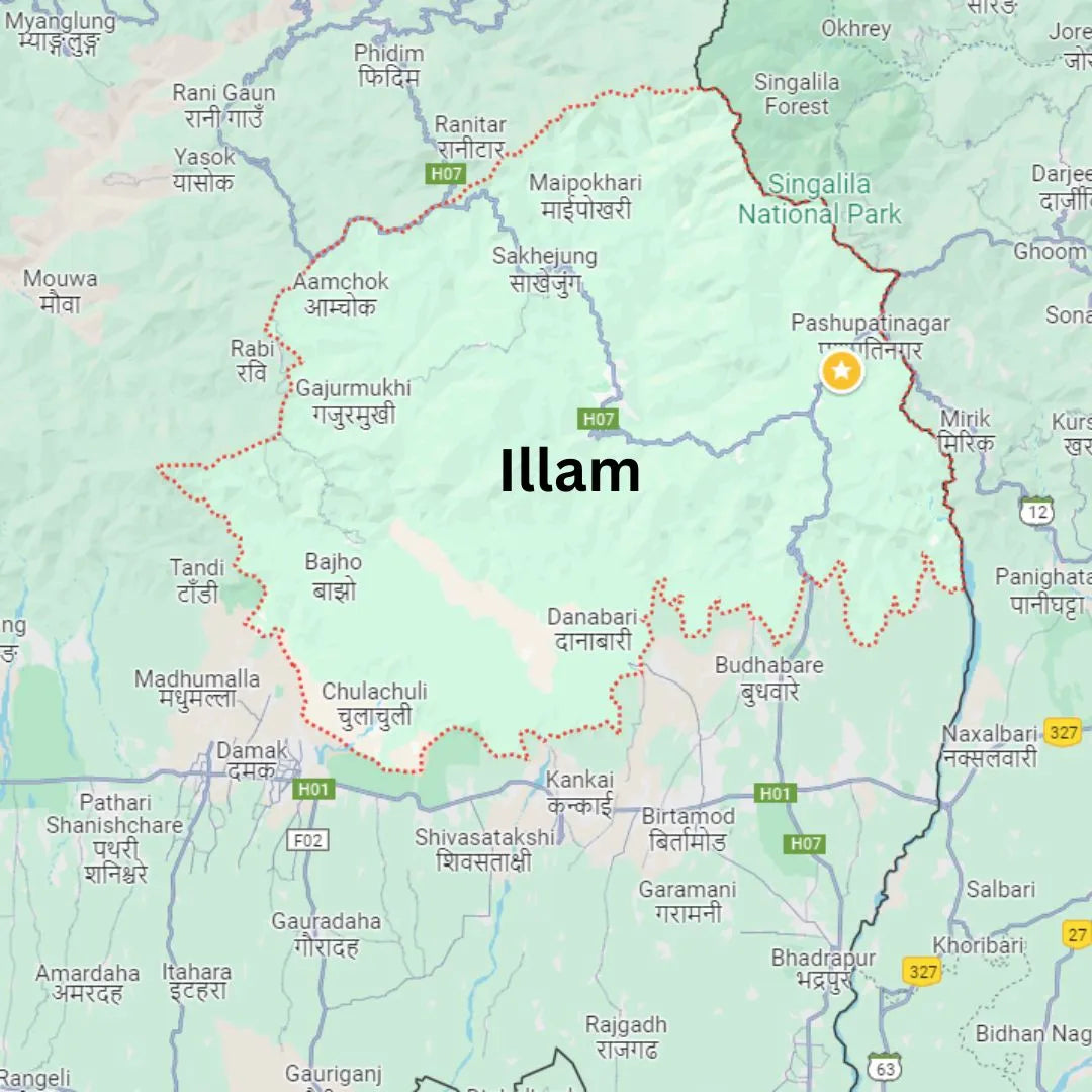 Map of Illam district, tea tourism hub of Nepal