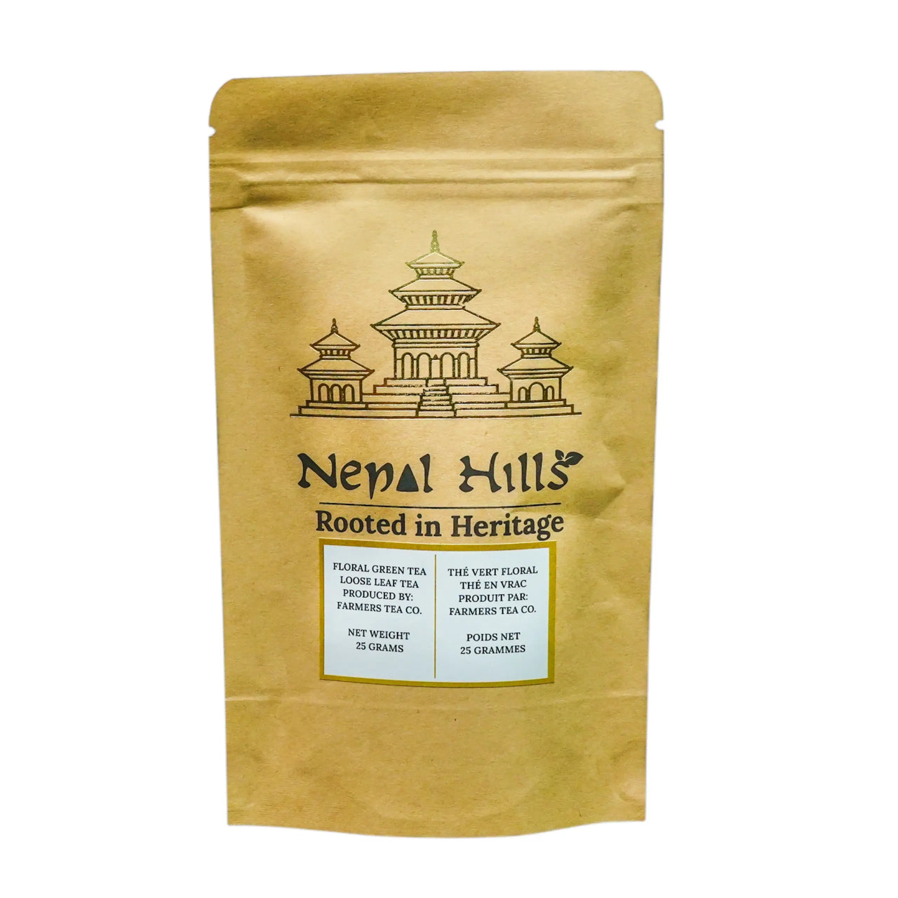 A brown kraft paper resealable pouch of Nepal Hills Floral Green Tea. The packaging features a gold pagoda illustration, the brand name 'Nepal Hills,' and labels in English and French indicating a net weight of 25 grams.
