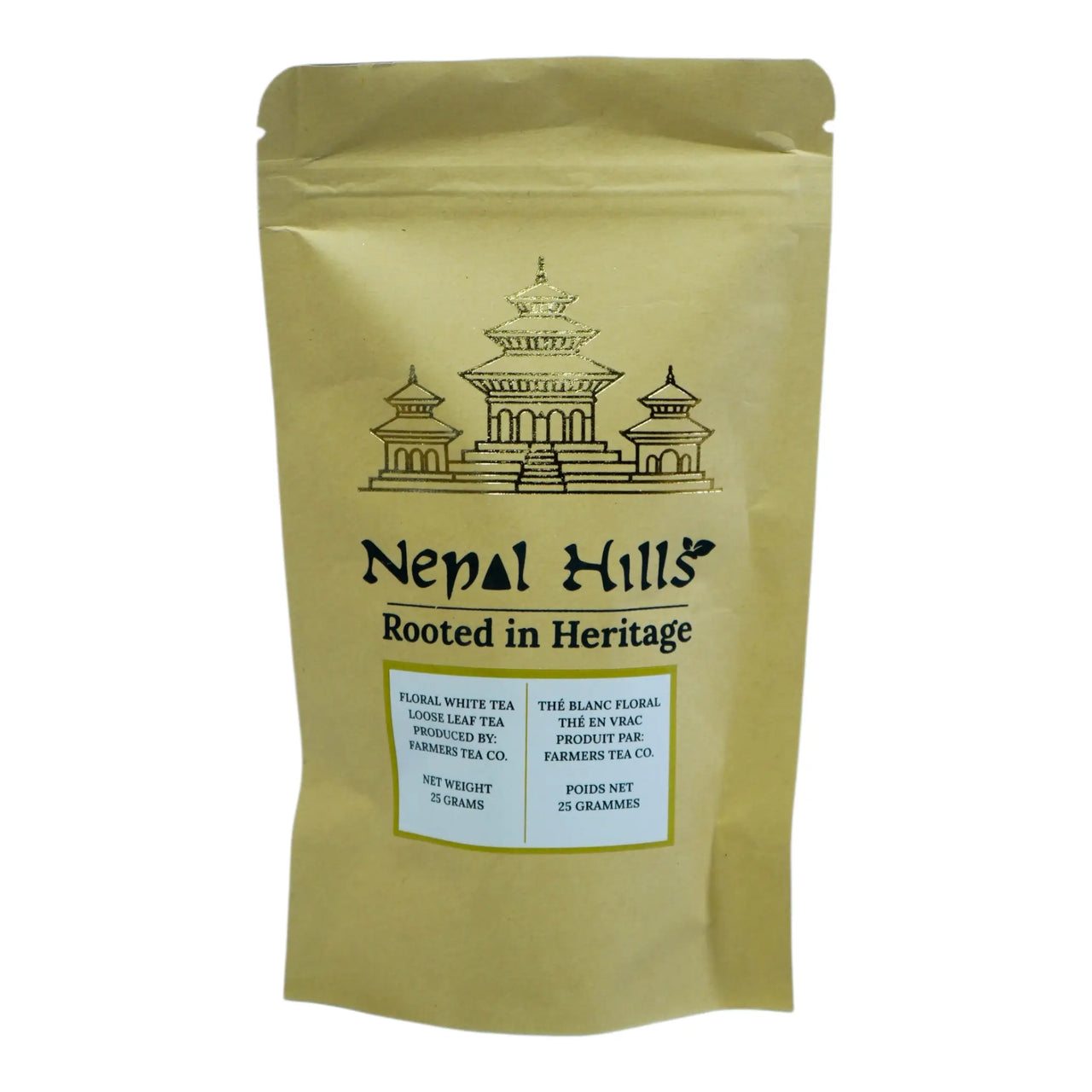A brown kraft paper resealable pouch of Nepal Hills Floral White Tea. The packaging features a gold pagoda illustration, the brand name 'Nepal Hills,' and labels in English and French indicating a net weight of 25 grams.