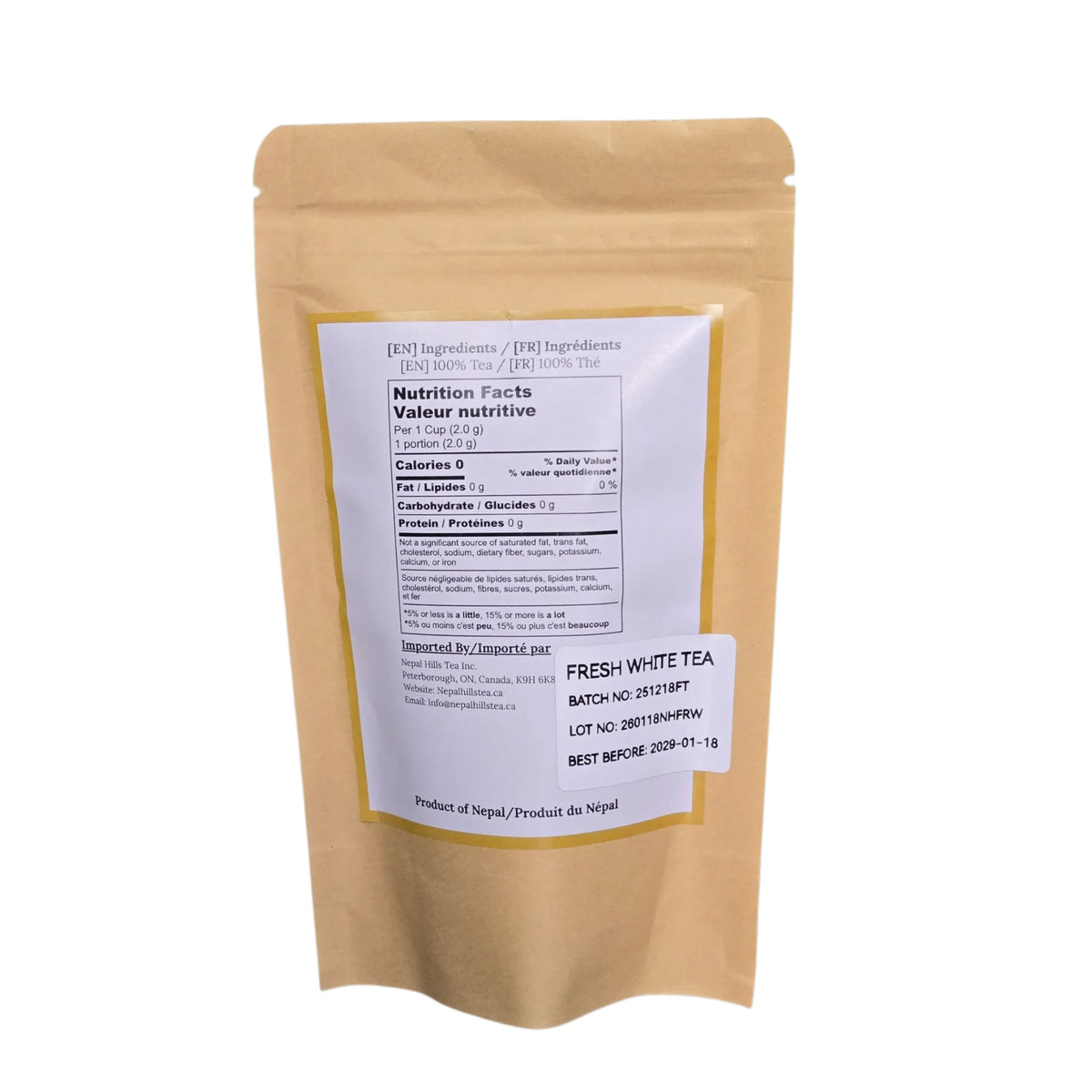 Fresh White Tea packaging back — Nepal White Tea from Farmers Tea Co., Ilam | Nepal Hills Tea — 5