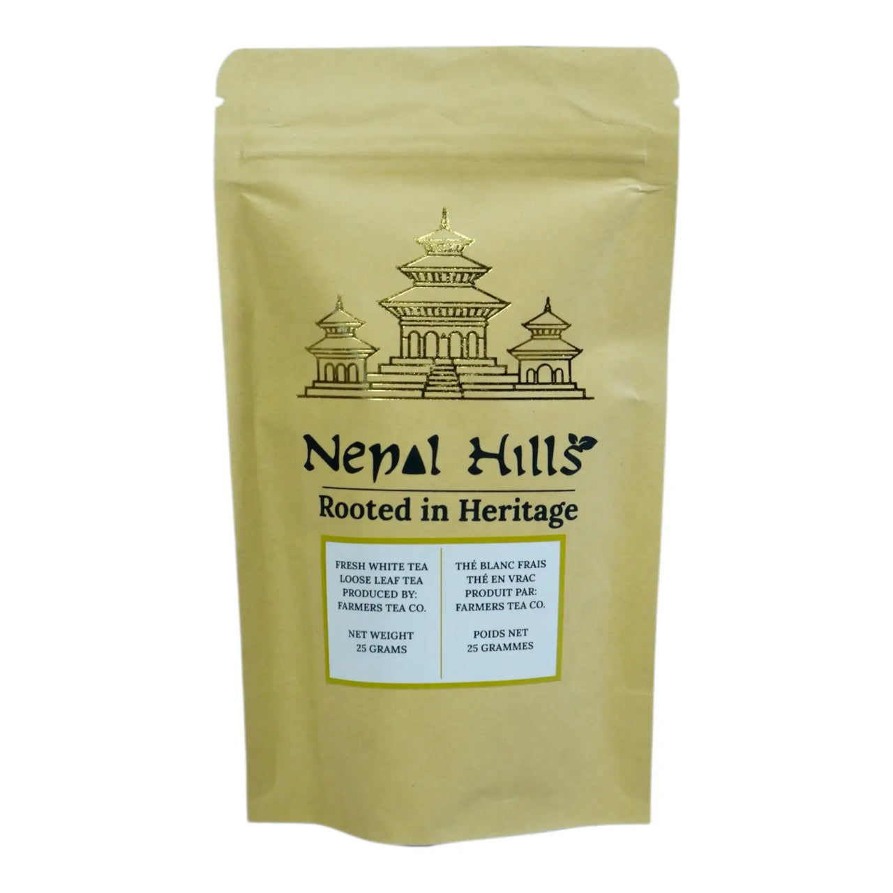 A brown kraft paper resealable pouch of Nepal Hills Fresh White Tea. The packaging features a gold pagoda illustration, the brand name 'Nepal Hills,' and labels in English and French indicating a net weight of 25 grams.