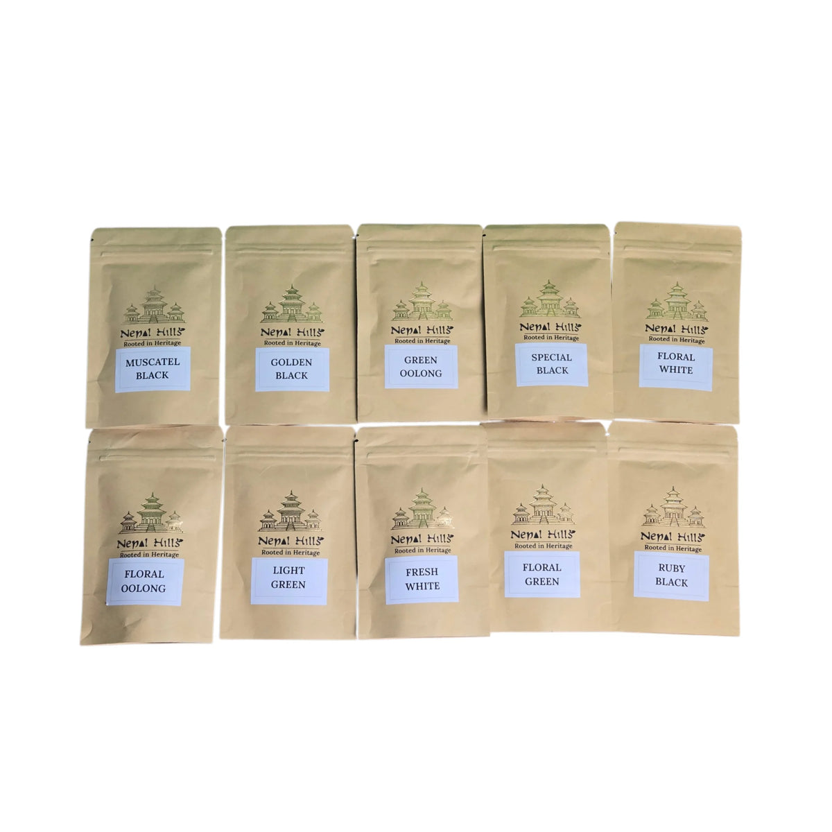 Set of Nepal Tea bags with various tea types on a white background