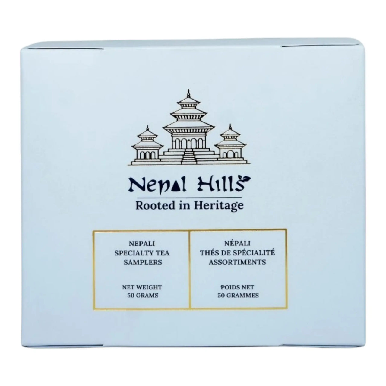 "A white 'Nepal Hills' specialty tea sampler box featuring a gold pagoda illustration and the tagline 'Rooted in Heritage.' The label shows a net weight of 50 grams in both English and French."