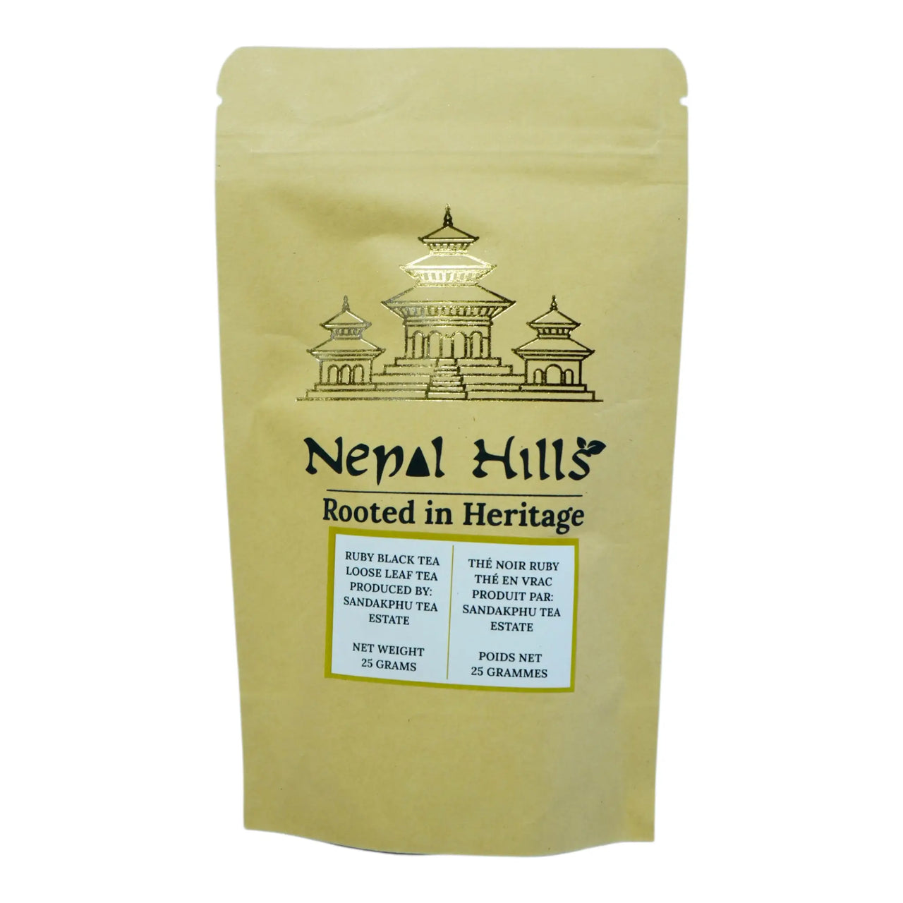 A brown kraft paper resealable pouch of Nepal Hills Ruby Black Tea. The packaging features a gold pagoda illustration, the brand name 'Nepal Hills,' and labels in English and French indicating a net weight of 25 grams.