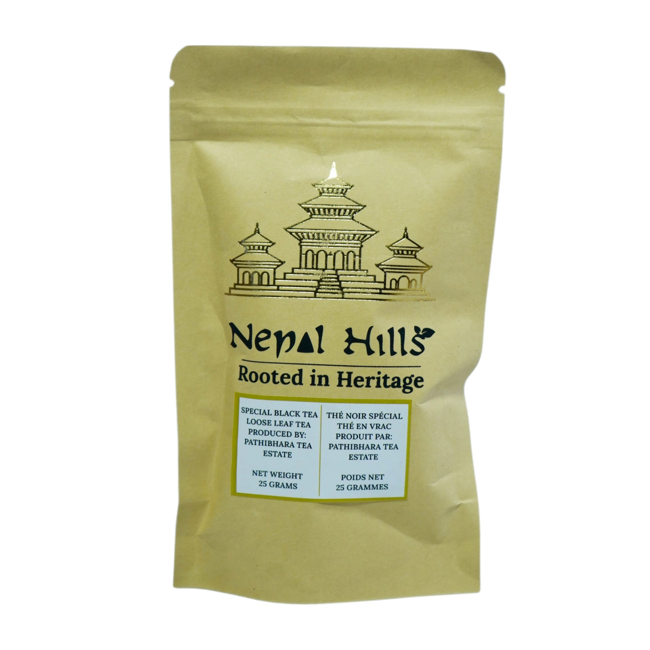 A brown kraft paper resealable pouch of Nepal Hills Special Black Tea. The packaging features a gold pagoda illustration, the brand name 'Nepal Hills,' and labels in English and French indicating a net weight of 25 grams.